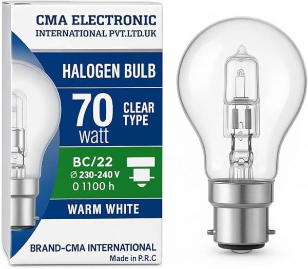 2 Pack 70W Halogen Energy Saver Bulbs - Eco Classic Clear Glass Bayonet B22 BC Cap - Warm White 2700K Light - Instant Full Brightness - Long Life Replacement for 60 w Traditional Bulb