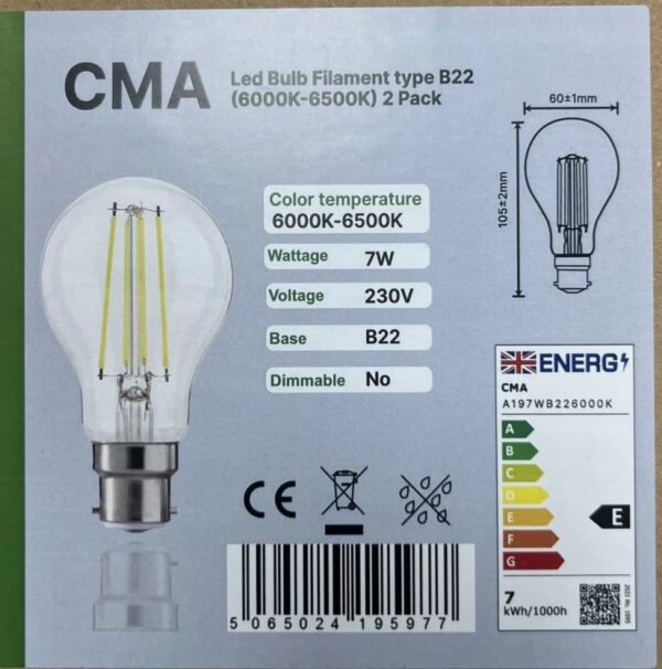 LED Filament Bulb 7w Bayonet Cap B22, White 6000K-6500K , 60W Equivalent 806lm, GLS Energy Saving LED Light Bulbs, Non-dimmable, Pack of 2 [Energy Class E]