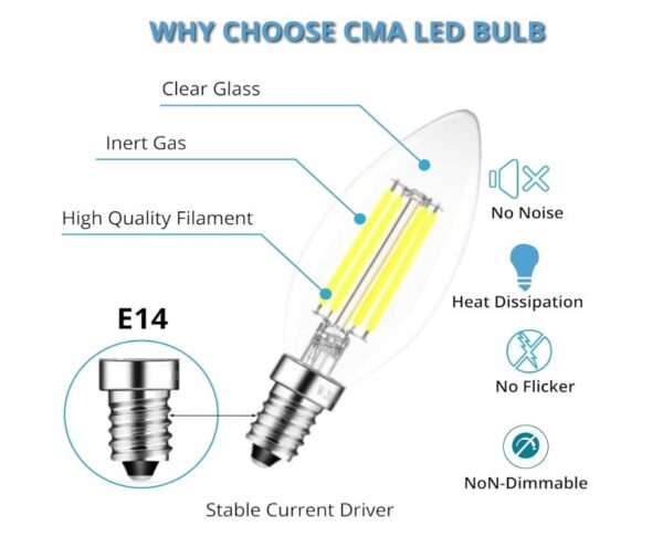 LED Candle Filament Light Bulb 4W-40W Equivalent Replacement, 470LM Lumens, 6000K White, E14 Small Screw C35 Bulbs