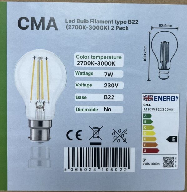 LED Filament Bulb 7w Bayonet cap B22, Warm White 2700K-3000K , 60W Equivalent 806lm, GLS Energy Saving LED Light Bulbs, Non-dimmable, Pack of 2 [Energy Class E]