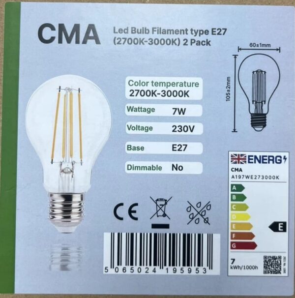 LED Filament Bulb 7w Edison Screw E27, Warm White 2700K-3000K , 60W Equivalent 806lm, GLS Energy Saving LED Light Bulbs, Non-dimmable, Pack of 2 [Energy Class E]